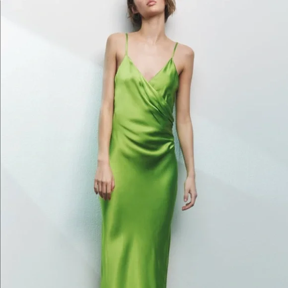Zara | Dresses | Nwt Zara Lingerie Green Satin Dress Size Xs Zara Midi Dress  Zara Par | Poshmark